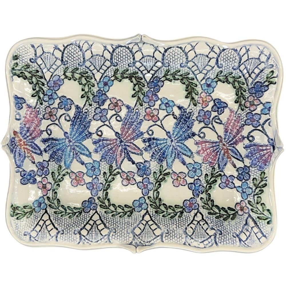 Ceramic Butterfly Floral Platter 14x11 Lace Motif Tray Purple Blue Pink Green